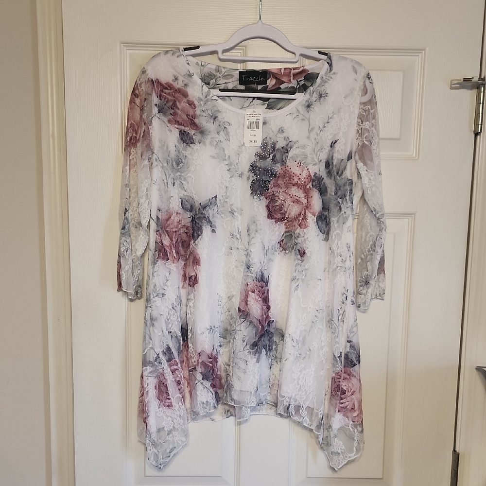 Elegant Floral Lace Tunic - Pink and Blue